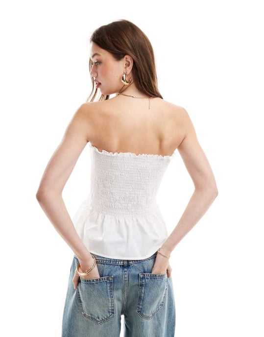 ASOS DESIGN rynkad bandeau topp med knytning fram i vitt - Image 3