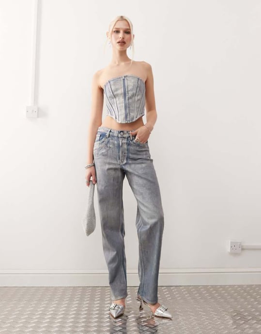 Monki co-ord Aimo raka benjeans i holografisk tvätt - Image 1