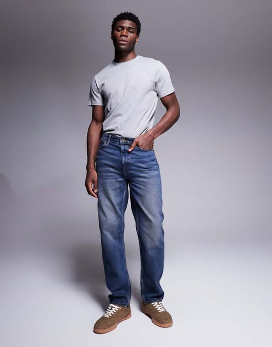 ASOS DESIGN raka jeans med vintagefärg i mörk tvättblå - Image 1
