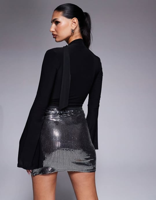 ASOS DESIGN slinky plunge long sleeve top with scarf detail in black - Image 2