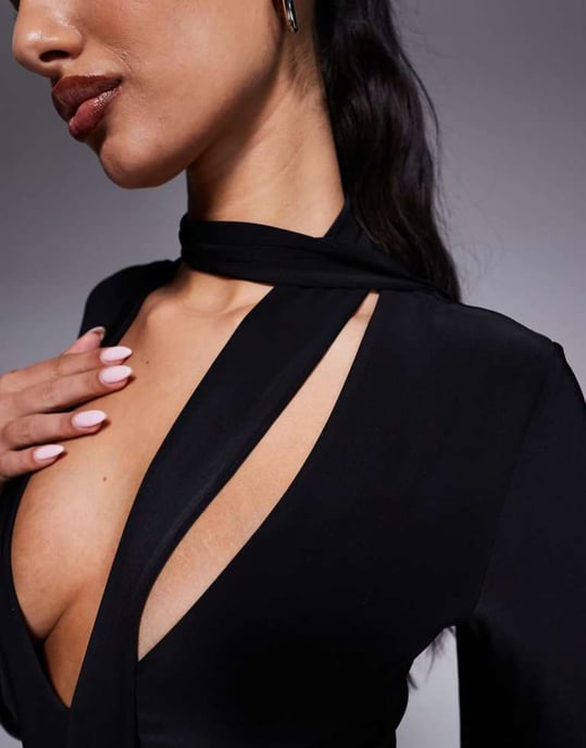 ASOS DESIGN slinky plunge long sleeve top with scarf detail in black - Image 4