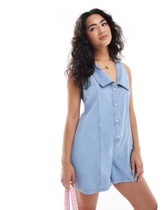 Miss Selfridge denim sailor playsuit in mid wash - Image 4