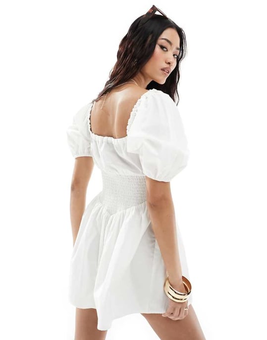 ASOS DESIGN poplin mjölkpiga ballongärms playsuit med spetsdetalj i vitt - Image 2