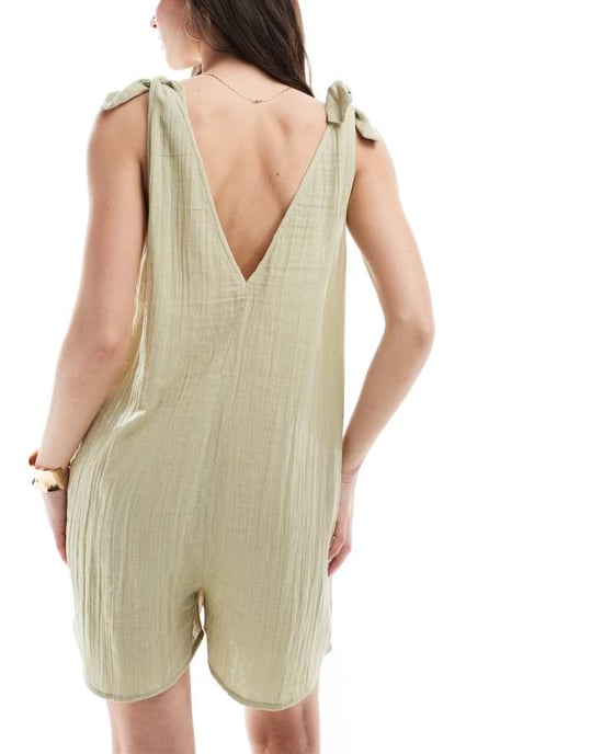 ASOS DESIGN strand dubbelgasad kaninband axelklänning i grön - Image 3