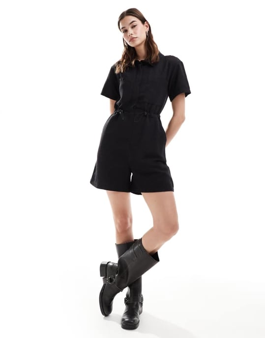 Återvunnen vintage linne jumpsuit i svart - Image 3