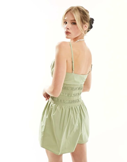 ASOS DESIGN knytning i midjan playsuit i khaki - Image 4