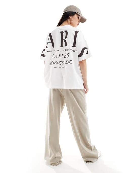 ASOS DESIGN oversized t-shirt med Paris-staplad rygggrafik i krämfärg - Image 3