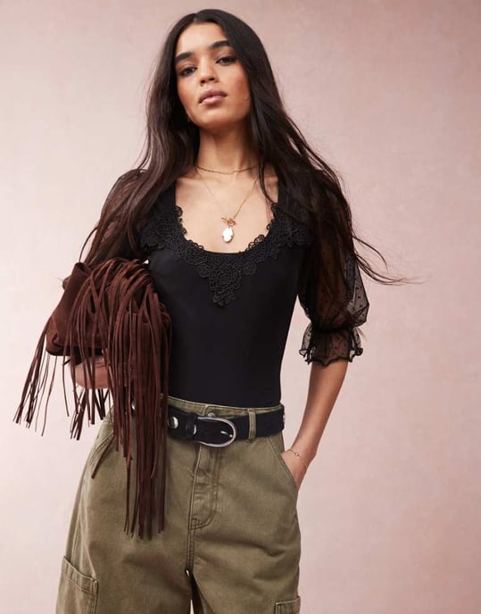 ASOS DESIGN sweetheart neck puff sleeve dobby mesh bodysuit in black - Image 1