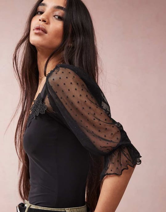 ASOS DESIGN sweetheart neck puff sleeve dobby mesh bodysuit in black - Image 3