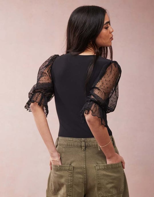 ASOS DESIGN sweetheart neck puff sleeve dobby mesh bodysuit in black - Image 4