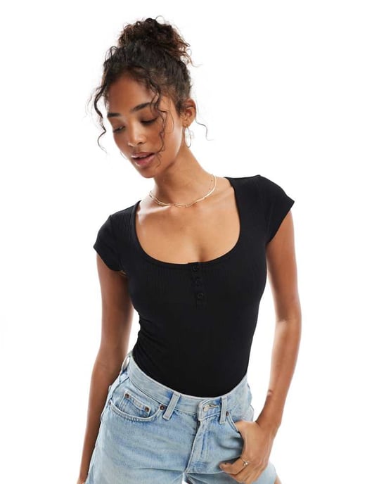 Miss Selfridge button detail short sleeve rib bodysuit in black - Image 1