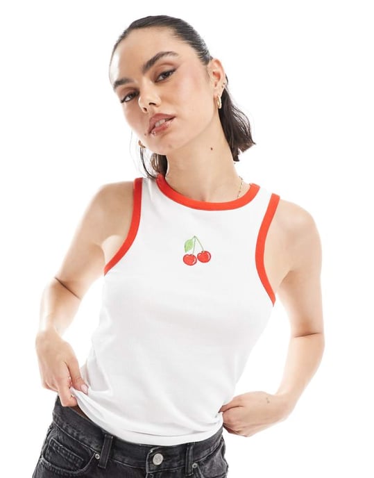 Pieces racer neck vest top with embroiderd cherry graphic in white - Image 1