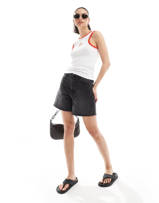 Pieces racer neck vest top with embroiderd cherry graphic in white - Image 2