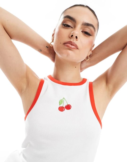 Pieces racer neck vest top with embroiderd cherry graphic in white - Image 3