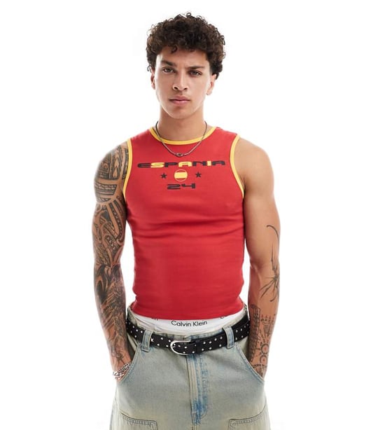 COLLUSION festival vintage sports vest in red with Espania print - Image 1