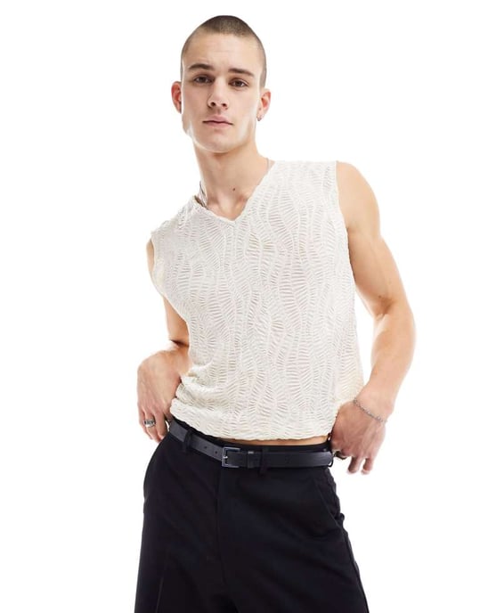 ASOS DESIGN väst i vit textur med spetshalsringning - Image 2