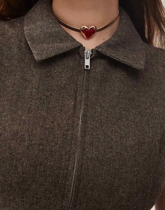 Weekday Karin co-ord zip genom väst i brun herringbone - Image 2