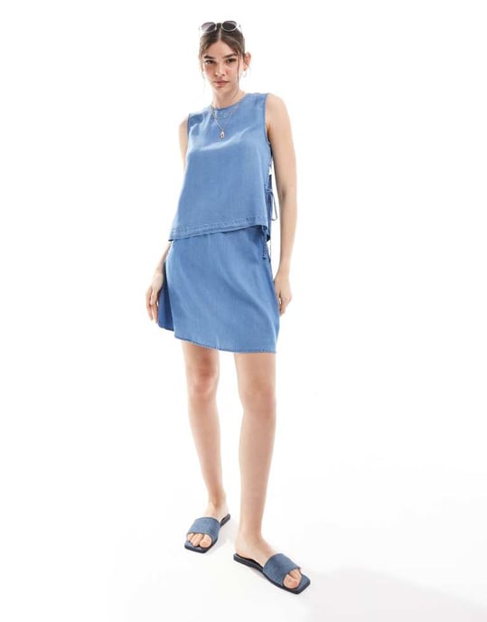 Vero Moda knyt-blus i mellanblå chambray - Image 2