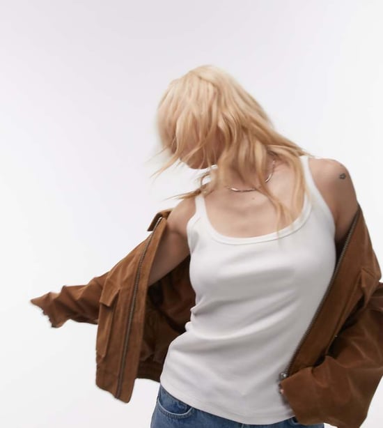 Topshop Petite skinny strap scoop rib vest in white - Image 1
