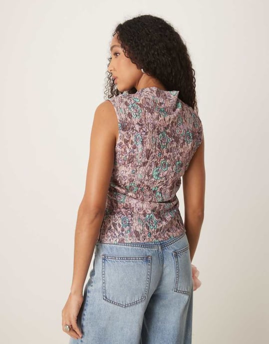 ASOS DESIGN printed lace gathered side grown on neck sheer tank in pink - Image 3