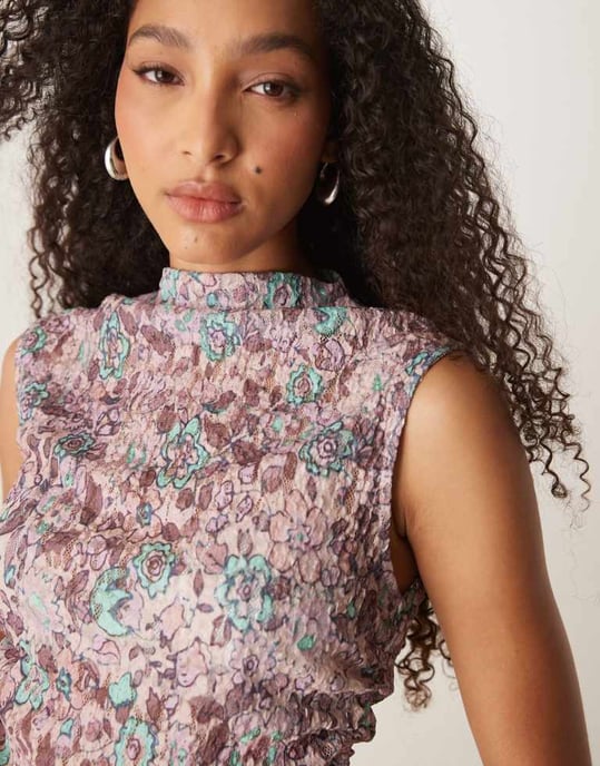 ASOS DESIGN printed lace gathered side grown on neck sheer tank in pink - Image 4