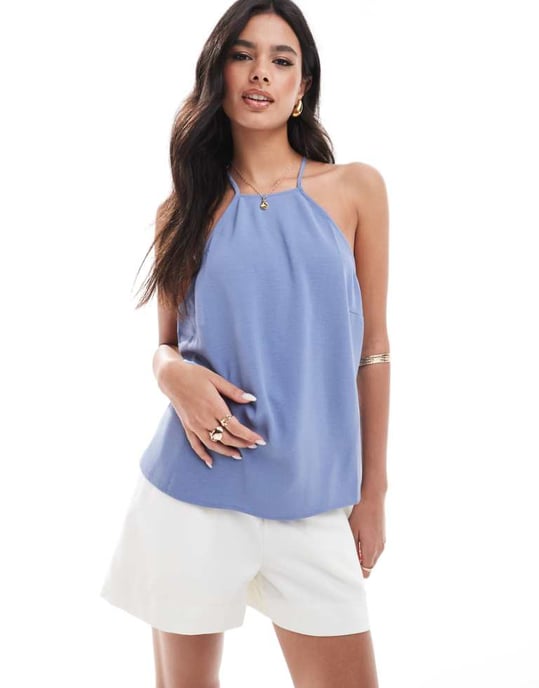 ASOS DESIGN cupro halterneck topp med sölja i isblå - Image 1