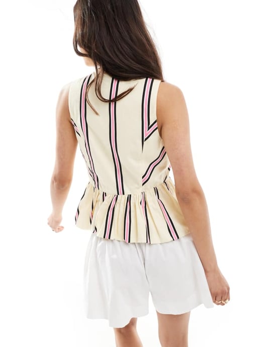 ASOS DESIGN djup V-ringad peplumtop i gul och rosa randig - Image 4