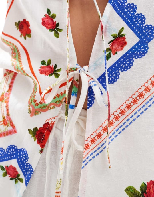 ASOS DESIGN linne-look knytfront halterneck topp co-ord i picknicktryck - Image 3