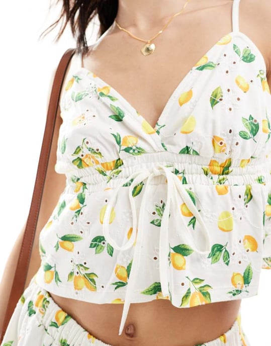 ASOS DESIGN broderad babydoll cami topp set i citronsmönster - Image 3