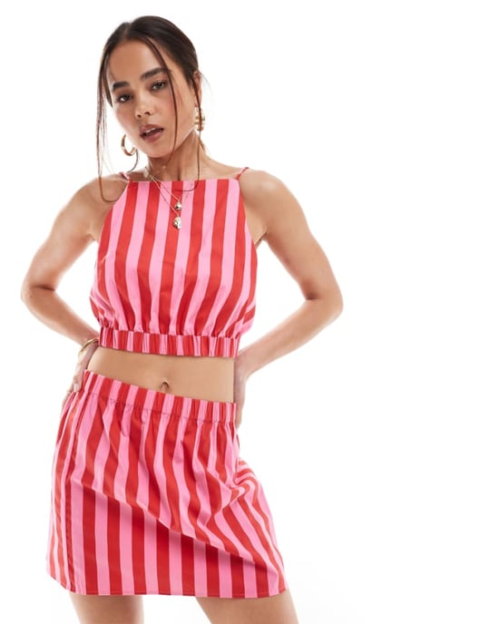 ASOS DESIGN kortad camisole-set i rosa och röd rand - Image 1