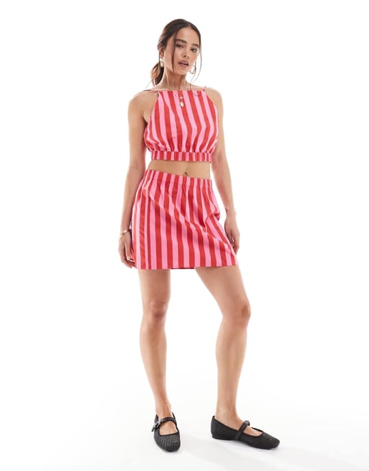 ASOS DESIGN kortad camisole-set i rosa och röd rand - Image 3