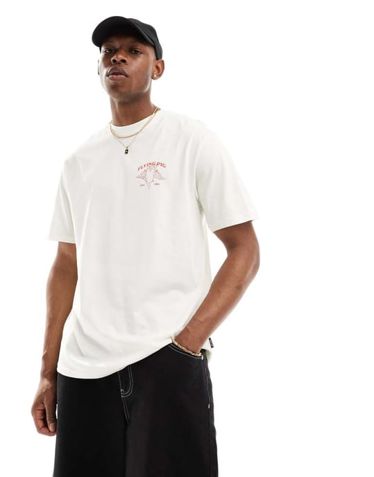ONLY & SONS super oversized t-shirt med flygande gris baktryck i off-white - Image 4