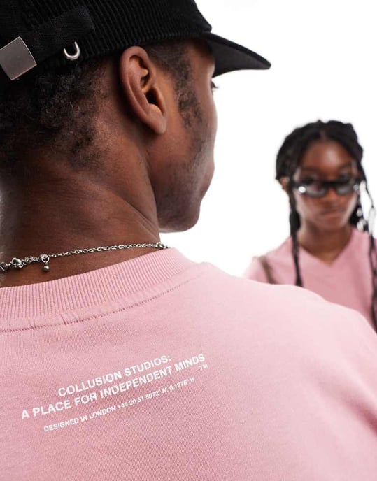 COLLUSION Unisex v-ringad skate t-shirt-co-ord i tvättad rosa - Image 2