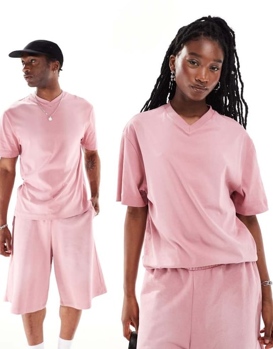COLLUSION Unisex v-ringad skate t-shirt-co-ord i tvättad rosa - Image 3