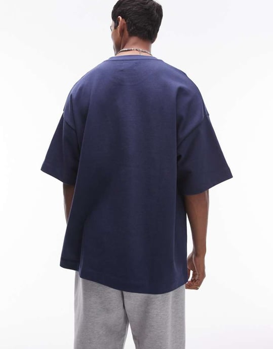 Topman premium tyngre avslappnad passform medellång ärm t-shirt 300gsm i marinblå - Image 2