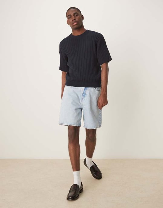 ASOS DESIGN avslappnad stickad rib t-shirt i marinblå - Image 2