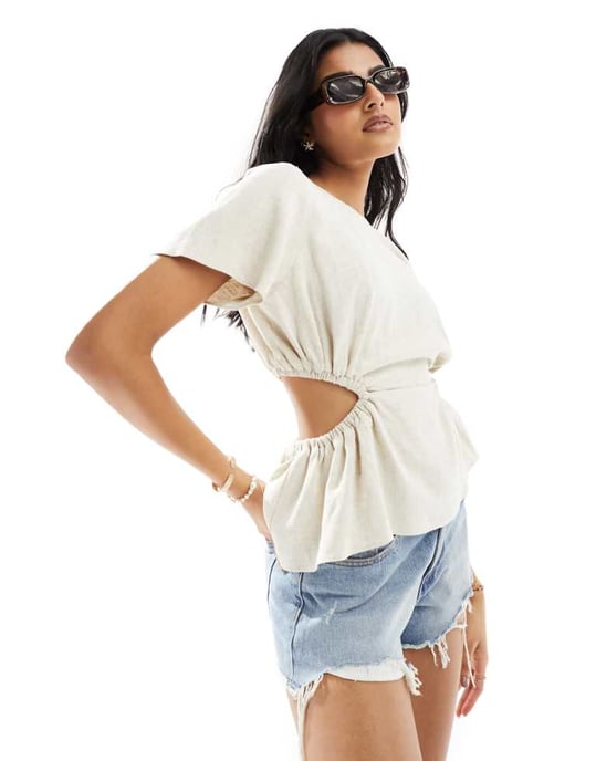 ASOS DESIGN linne-look t-shirt med öppen rygg i naturfärg - Image 1