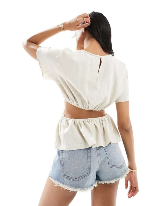 ASOS DESIGN linne-look t-shirt med öppen rygg i naturfärg - Image 4