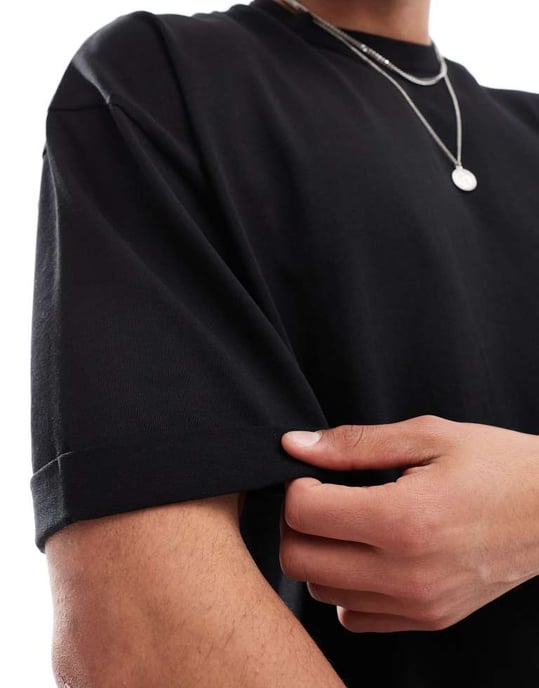 ASOS DESIGN tung oversized t-shirt med rullärm i svart - Image 3