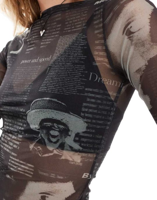Weekday Unisex genomskinlig mesh långärmad båt-hals topp i svart tidningstryck exklusivt hos ASOS - Image 2