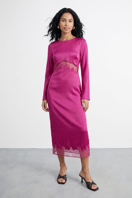 Fluted Sleeve Satin Lace Insert Midi Dress - Image 1