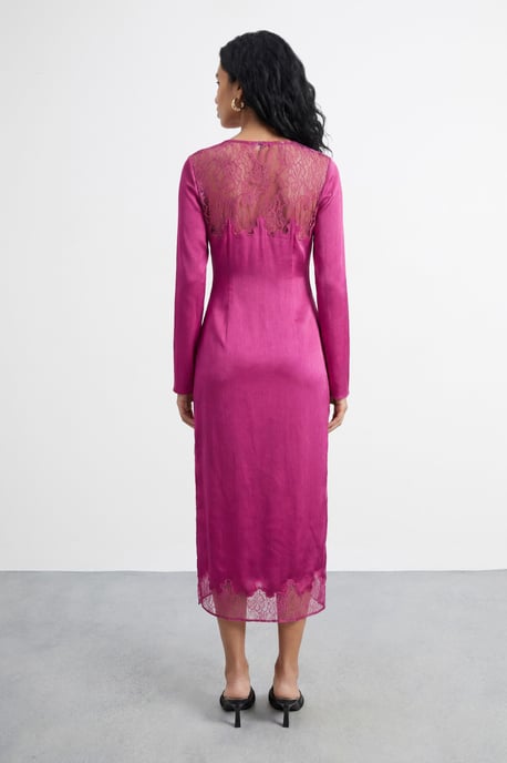 Fluted Sleeve Satin Lace Insert Midi Dress - Image 3