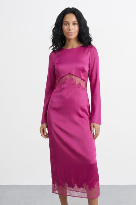 Fluted Sleeve Satin Lace Insert Midi Dress - Image 4