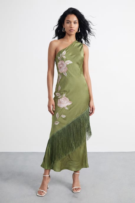 One Shoulder Embroidered Fringed Midi Dress - Image 1