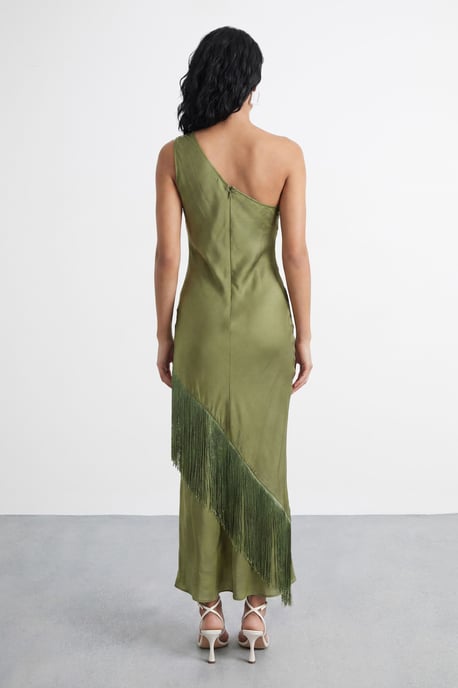 One Shoulder Embroidered Fringed Midi Dress - Image 3