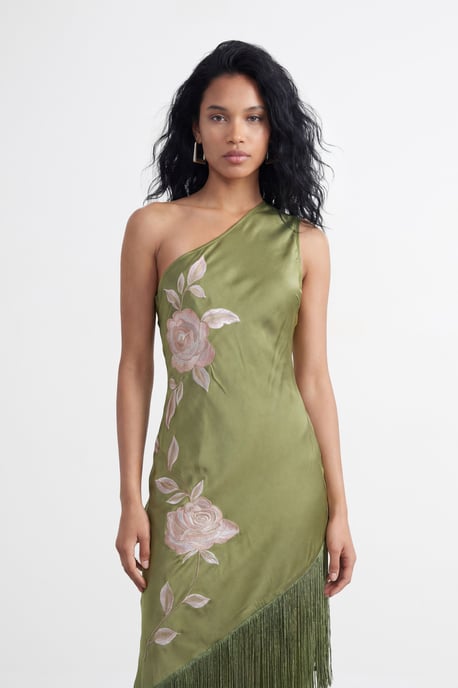 One Shoulder Embroidered Fringed Midi Dress - Image 4