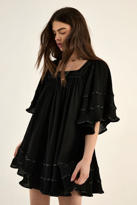 Crinkle Lace Trim Angel Sleeve Mini Dress - Image 1