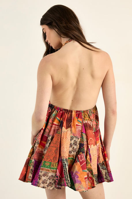 Cotton Voile Patchwork Halter Neck Tie Front Godet Mini Dress - Image 4