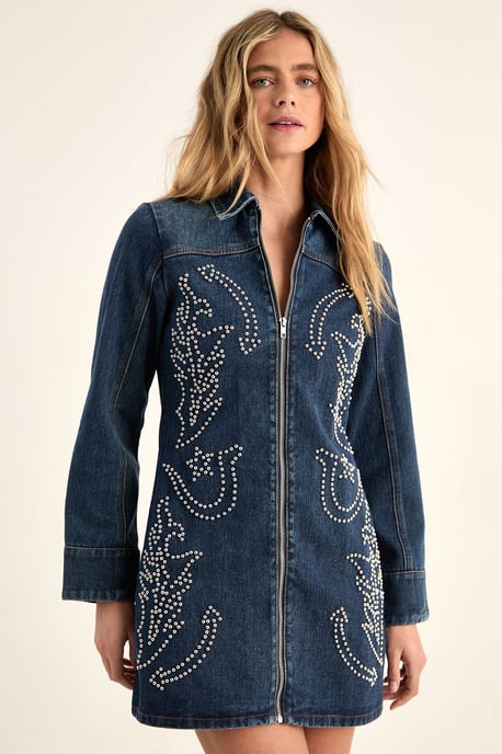 Western Studded Zip Front Denim Mini Dress - Image 2