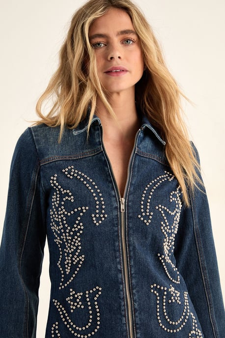 Western Studded Zip Front Denim Mini Dress - Image 3